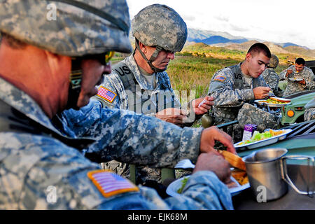 Soldiers assigned to 1st Battalion, 296th Infantry Regiment, 101st Troop Command, Puerto Rico National Guard, eat dinner in the field after completing a training fire mission with the 60mm mortar during their 2013 annual training at Camp Santiago Joint Maneuver Training Center, Salinas, Puerto Rico, July 15. During their annual training, Soldiers have the opportunity to hone and maintain their proficiency with their assigned equipment.  Staff Sgt. Joseph Rivera Rebolledo Stock Photo