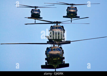 Four New Jersey Army National Guard Black Hawk helicopters from the 1-150th Assault Helicopter Battalion land at Atlantic City International Airport, N.J., May 29.  The helicopters transported civilian employers of New Jersey National Guardsman for a &quot;Boss Lift&quot; an event run by the Employer Support of the Guard and Reserve. The civilian employers got to spend the day touring facilities and meeting soldiers and airmen. Stock Photo