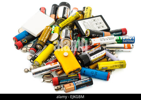 Pile of various batteries Stock Photo