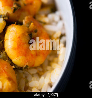 Caribbean tasty curry shrimp prawns and white rice Stock Photo