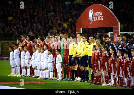 King Baudouin Stadium, Brussels, Belgium. 28th Mar, 2015. Euro 2016 Football qualificatipon. Belgium versus Cyprus. Hazard Eden of Chelsea FC - Vertonghen Jan of Tottenham Hotspur FC - Witsel Axel of FC Zenit St-Petersburg - Fellaini Marouane of Manchester United FC - Nainggolan Radja of AS Roma - Benteke Christian of Aston Villa FC - De Bruyne Kevin of Vfl Wolfsburg - Alderweireld Toby of Southampton - Lombaerts Nicolas of FC Zenit St-Petersburg - Courtois Thibaut goalkeeper of Chelsea FC - Kompany Vincent of Manchester City FC FV © Action Plus Sports/Alamy Live News Stock Photo