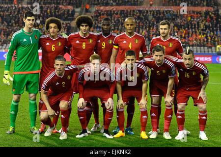 28.03.2015. King Baudouin Stadium, Brussels, Belgium. Euro 2016 Football qualificatipon. Belgium versus Cyprus. Team Belgium (UP L-R Courtois Thibaut goalkeeper of Chelsea FC, Witsel Axel of FC Zenit St-Petersburg, Fellaini Marouane of Manchester United FC, Benteke Christian of Aston Villa FC, Kompany Vincent of Manchester City FC and Lombaerts Nicolas of FC Zenit St-Petersburg, DOWN L-R Alderweireld Toby of Southampton FV, De Bruyne Kevin of Vfl Wolfsburg, Hazard Eden of Chelsea FC, Vertonghen Jan of Tottenham Hotspur FC and Nainggolan Radja of AS Roma) pictured Stock Photo