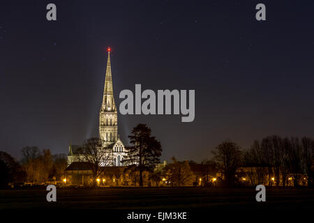 Salisbury Cathedral in Wiltshire, England,  illuminated at night Stock Photo