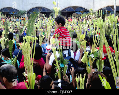 Paranaque City, Philippines. 29th Mar, 2015. A Filipino child hoisted by his father watches devotees waving palm fronds during mass on Palm Sunday at the Baclaran Church. Palm Sunday marks the triumphant entry of Jesus Christ into Jerusalem, kicking off the Holy Week for Catholics worldwide. © Richard James Mendoza/Pacific Press/Alamy Live News Stock Photo