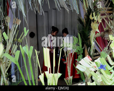 Paranaque City, Philippines. 29th Mar, 2015. Filipino church girls prepare for the blessing of palm fronds before mass on Palm Sunday at the Baclaran Church. Palm Sunday marks the triumphant entry of Jesus Christ into Jerusalem, kicking off the Holy Week for Catholics worldwide. © Richard James Mendoza/Pacific Press/Alamy Live News Stock Photo