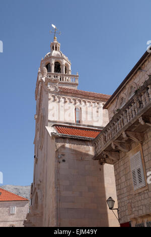 St Marks Cathedral Korcula Old Town Croatia church tower Stock Photo