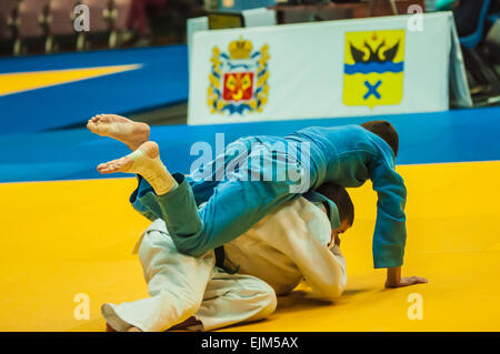 Orenburg, Orenburg region, Russia - 29 October 2014: The boys compete in the All-Russian Judo tournament in memory of Viktor Chernomyrdin Stock Photo