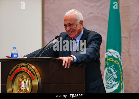 (150329) -- SHARM EL-SHEIKH, March 29, 2015 (Xinhua) -- Secretary-general of the League of Arab States Nabil Elaraby speaks during a press conference after the closing session of the Arab League Summit in Sharm el-Sheikh, Egypt, on March 29, 2015. Arab League (AL) member states called Sunday for immediate withdrawal of Houthi rebels from the Yemeni capital Sanaa.(Xinhua/Cui Xinyu) (zhf) Stock Photo