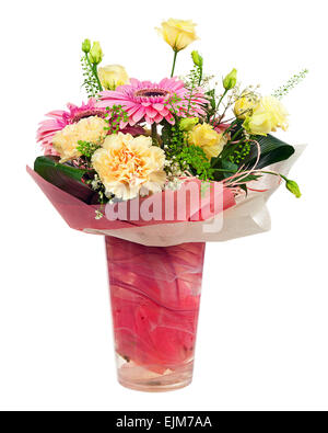 Bouquet of gerbera, carnations and other flowers in red  package isolated on white background. Stock Photo