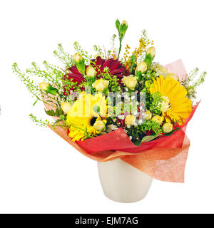 Bouquet of gerbera, carnations and other flowers in vase isolated on white background. Stock Photo