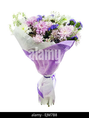 Beautiful bouquet of gerbera, carnations and other flowers in blue package isolated on white background. Stock Photo