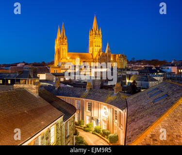 Rooftop view of Truro Cornwall England with the Cathedral illuminated at dusk Stock Photo