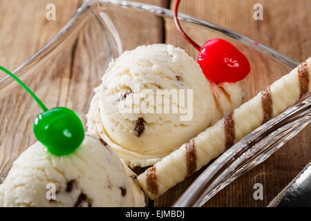 white ball of ice cream with chocolate chips Stock Photo