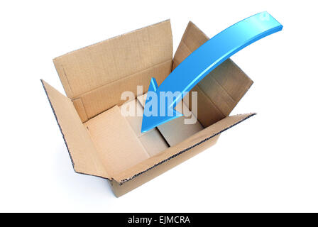 An opened box with a Rendered Arrow showing a Packing Concept Stock Photo