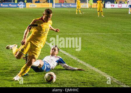 March 29, 2015: Viljormur Davidsen #3 of Faroe Islands National Team and Gabriel Torje #11 of Romania National Team in action during the 15th UEFA European Championship Qualifying Round game between Romania National Football Team (ROU) and Faroe Islands National Football Team (FRO) at ''Ilie Oana'' Stadium, Ploiesti in Ploiesti, Romania ROU. Catalin Soare/www.sportaction.ro Stock Photo