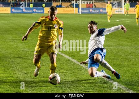 March 29, 2015: Viljormur Davidsen #3 of Faroe Islands National Team and Gabriel Torje #11 of Romania National Team in action during the 15th UEFA European Championship Qualifying Round game between Romania National Football Team (ROU) and Faroe Islands National Football Team (FRO) at ''Ilie Oana'' Stadium, Ploiesti in Ploiesti, Romania ROU. Catalin Soare/www.sportaction.ro Stock Photo