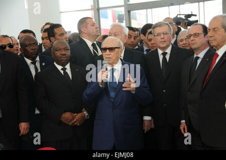 Tunis, Tunisia. 29th Mar, 2015. Tunisian President Beji Caid Essebsi(C) delivers a speech at Bardo museum in Tunis, Tunisia, on March 29, 2015. Tunisia held an international anti-terrorism march entitled 'The World is Bardo' on Sunday, 11 days after the deadly terrorist attack against the Bardo museum. Credit:  Adel/Xinhua/Alamy Live News Stock Photo