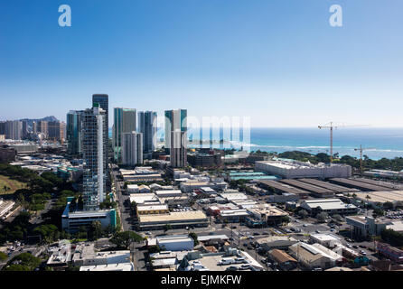 View over Waikiki showing new condos under construction as the city of Honolulu expands on Oahu, Hawaii Stock Photo