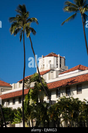 Spanish style architecture of Honolulu Hale or town hall in center of city of Honolulu, Oahu, Hawaii Stock Photo