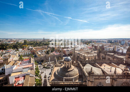 Seville city overlook from Giralda tower. Scenic Seville skyline view towards the south. Sevilla Spain. Stock Photo