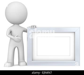 Steel Frame. The dude 3D character holdning Picture Frame. Metal, Copy Space. Stock Photo