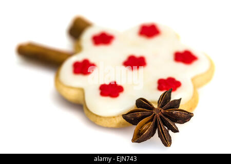 Gingerbread cookies with royal icing in the shape of a flower with star anise and cinnamon Stock Photo