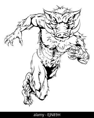 A drawing of a fierce looking boar sports character mascot running Stock Photo