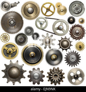 Metal gear, cogwheels, pulleys and clockwork spare parts. Stock Photo