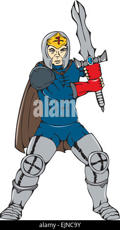 Cartoon style illustration of a knight with cape wielding a sword viewed from front on isolated background. Stock Photo