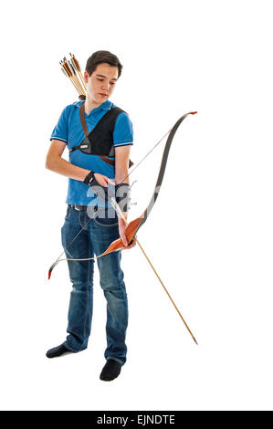 Boy with blue shirt and jeans holding a longbow Stock Photo