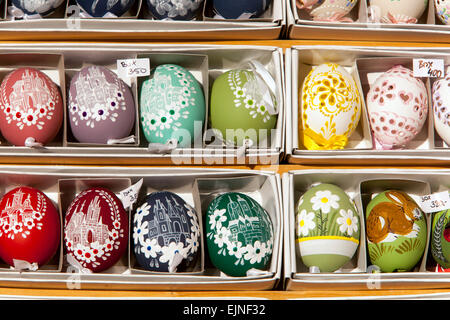 Traditional Easter eggs, hand-painted eggs in a box for sale, Prague Old Town Square stall, Prague Czech Republic, Europe Stock Photo