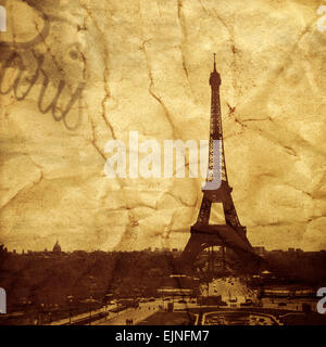 picture of the Eiffel Tower in Paris, France, with a textured effect as it was a vintage postcard Stock Photo