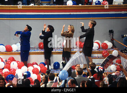 Democratic party activists dance the Macarena after President Bill Clinton accepted the nomination for president of the democrat party at the 1996 Democratic National Convention August 29, 1996 in Chicago, IL. Stock Photo