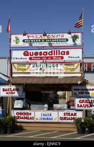 Mexican fast food stall selling quesadillas, burritoes, picapenus, tacos and nachos at a fair, Texas USA Stock Photo