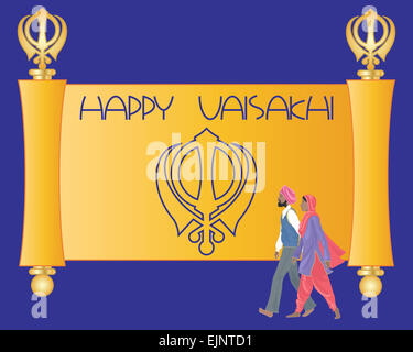 an illustration of a Sikh greeting card with purple and saffron parchment and the words happy Vaisakhi and a Sikh couple Stock Photo