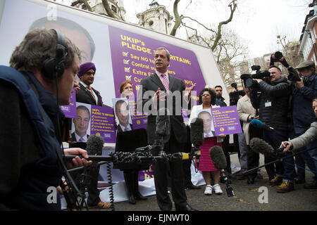 London, UK. Monday 30th March 2015. Ukip leader Nigel Farage MP announces his party's key election pledges at Smith Square, Westminster. The UK Independence Party, is a right-wing political party in the United Kingdom. Stock Photo