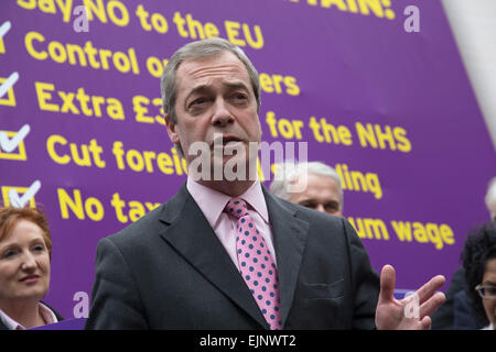 London, UK. Monday 30th March 2015. Ukip leader Nigel Farage MP announces his party's key election pledges at Smith Square, Westminster. The UK Independence Party, is a right-wing political party in the United Kingdom. Stock Photo