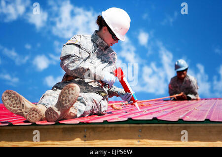 Army Pfc. Danielle Robinson, a carpenter and mason with the 84th Battalion, 30th Brigade, 643rd Company out of Schofield Barracks, Hawaii, seals gaps in sheet metal roofing during the Engineering Civic Action Program portion of Exercise Khaan Quest 2011 in Ulaanbaatar, Mongolia, Aug. 1. The purpose of the program is to improve medical care in the area by adding on to the Ayut Family Hospital, a 17,000 square foot urgent care clinic, which will serve the 9th sub-district of khaan-Uul District. Khaan Quest is a training exercise designed to strengthen the capabilities of U.S., Mongolian and othe Stock Photo