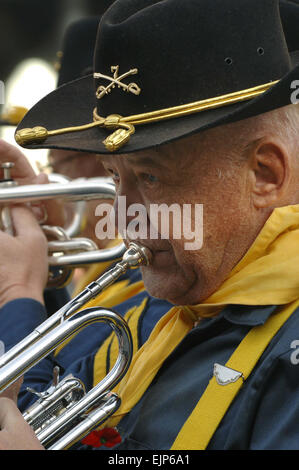 Members of the 7th Cavalry Drum and Bugle Corps perform in a parade in downtown Rapid City, S.D., Nov. 11, 2007. Rapid City hosted the parade to honor those who have served and are currently serving in the U.S. military. The 7th Cavalry Corps is a volunteer marching band that dresses in authentic 19th century costume during parades in the area.  Staff Sgt. Michael B. Keller Stock Photo