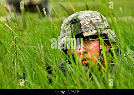 A U.S. Army soldier from Hawk Company, 3rd Squadron, 2nd Cavalry Regiment, Rose Barracks, Germany, takes cover in high grass on Grafenwoehr Training Area, Germany while conducting company external evaluations on May 24, 2012. Company evaluations are the next step in accessing the company's troop leading procedures and abilities to perform combined arms maneuvers as the Regiment's prepares for Full Spectrum Training Exercises in fall. U.S. Army  Visual Information Specialist Gertrud Zach/released Stock Photo