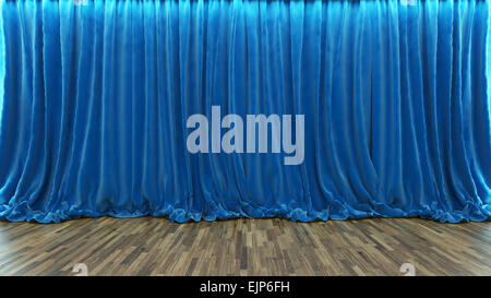 3d rendering blue theater and cinema curtain with parquet floor Stock Photo