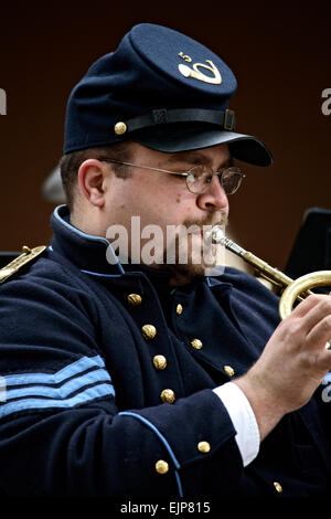 Cornet player, New Mexico Territorial Brass Band Civil War reenactors, Rancho de las Golondrinas Living History Museum, Santa Fe Stock Photo