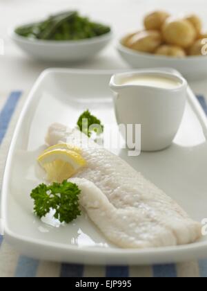 Plain boiled fish fillet with lemon parsley and separate bechamel sauce and vegetables Stock Photo