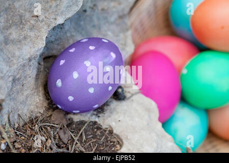 Placing the first egg in a hiding place under a rock for Easter egg hunt Stock Photo