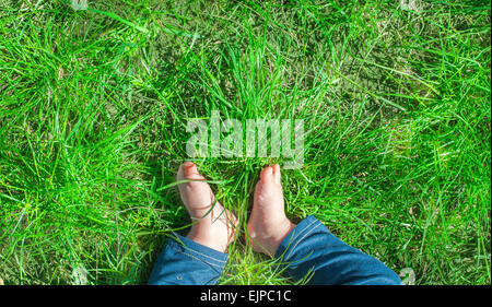 Baby feet barefoot on green grass, sunlight, legs with jeans, view from the top, horizontal Stock Photo