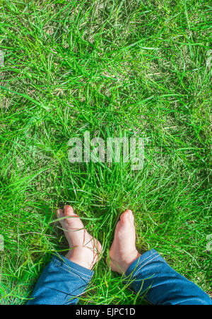 Baby feet barefoot on green grass, sunlight, legs with jeans, view from the top, vertical Stock Photo