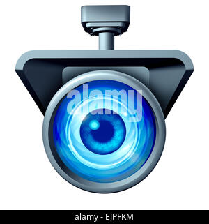 Video surveillance and big brother is watching concept as a security camera monitoring the public with a large eye spying as a symbol for privacy rights issues isolated on a white background. Stock Photo