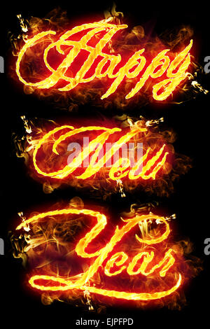 Fire Happy New Year text in burning flames.