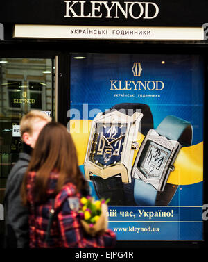 Kiev, Ukraine. 30th Mar, 2015. Kleynod shop in downtown Kiev -- Ukrainian watch brand Kleynod, like many other manufacturers use Swiss movements. This allows the manufacturer to compete in the domestic market. The most popular is series 'Independence' with a stylized image of Ukrainian coat of arms. Credit:  Igor Golovnov/Alamy Live News Stock Photo