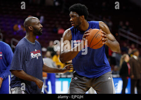 Philadelphia, Pennsylvania, USA. 30th Mar, 2015. Philadelphia 76ers center Joel Embiid (21) in action against assistant coach Lloyd Pierce during warm-ups prior to the NBA game between the Los Angeles Lakers and the Philadelphia 76ers at the Wells Fargo Center in Philadelphia, Pennsylvania. Credit:  csm/Alamy Live News Stock Photo